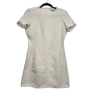 ZARA Cream Boucle Tweed Mini Dress Small Fringe‎ Sequin Short Sleeve Shift Mod